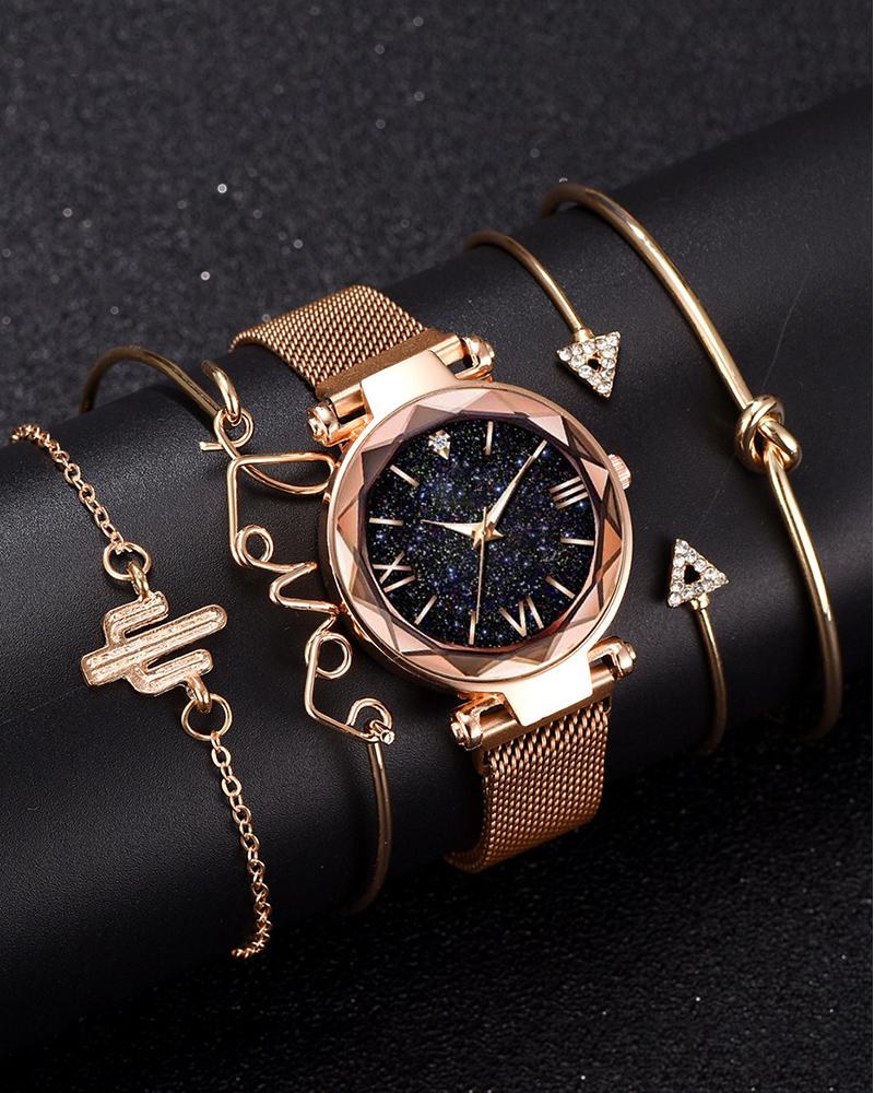 

Glitter Stainless Steel Band Pointer Quartz Watch & Bracelet Set, Gold