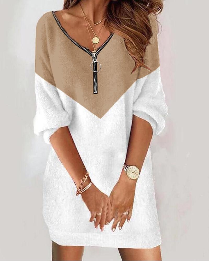 

Colorblock Zip Detail V-Neck Casual Dress, White