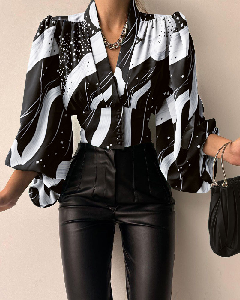 

Abstract Print Puff Lantern Sleeve Buttoned Top, Black