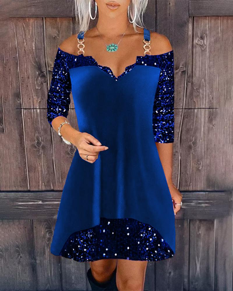 

Contrast Sequin Cold Shoulder Velvet Casual Dress, Blue