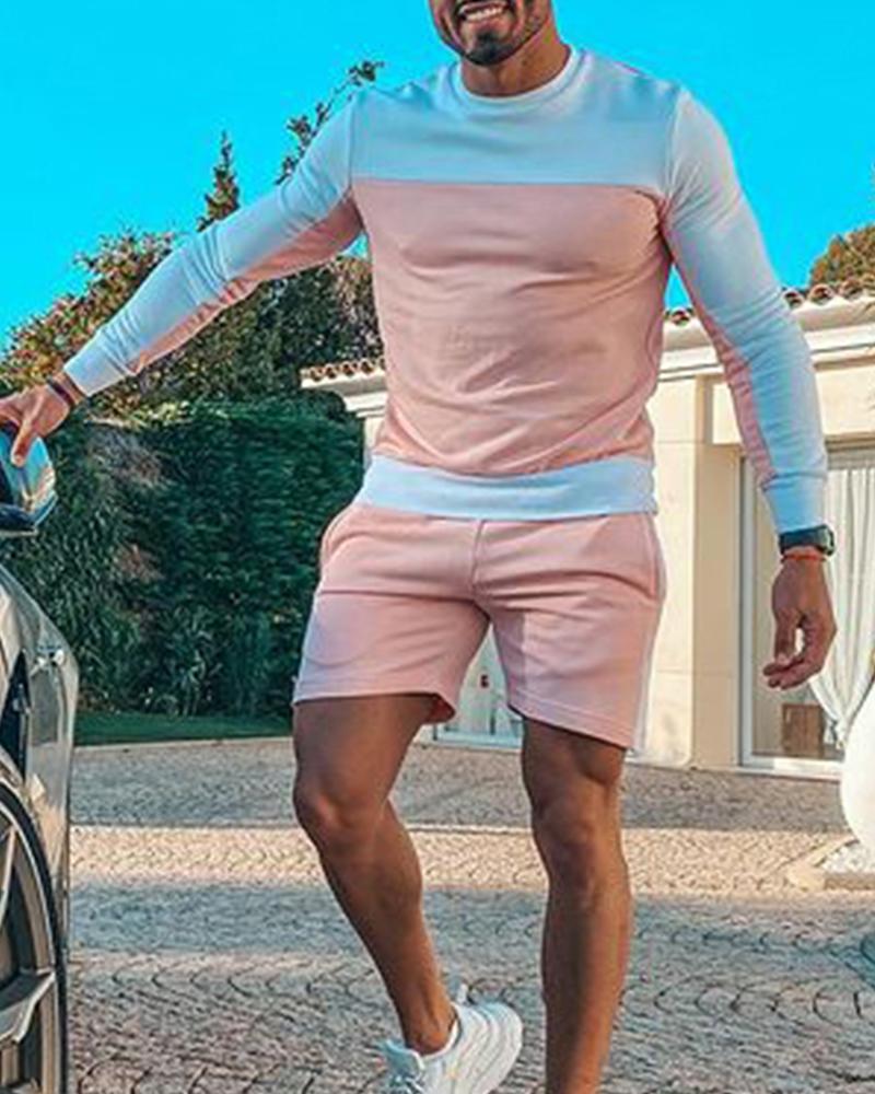 

Color Block Long Sleeve Blouse With Short Pants Active Sets, Pink