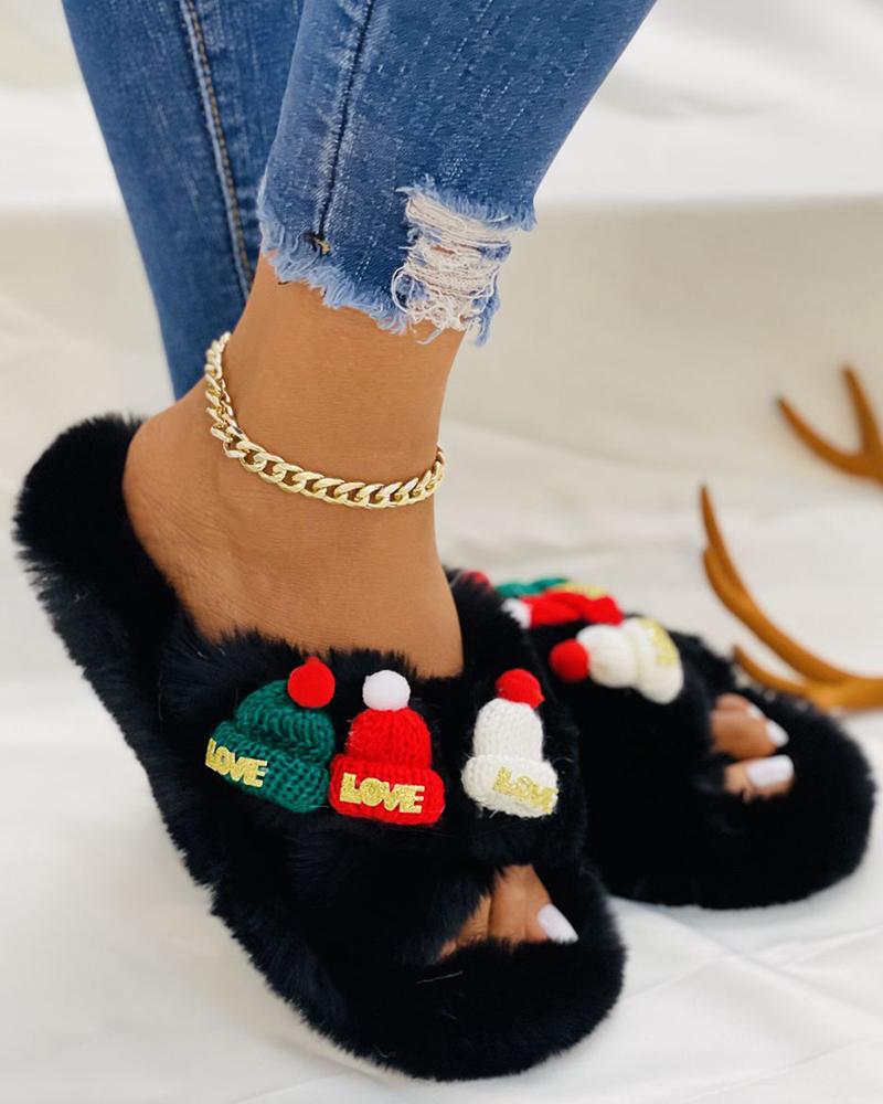 

Christmas Hat Decor Fluffy Slippers, Black