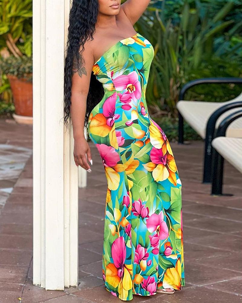 

Floral Plants Print Bandeau Mermaid Dress, Green