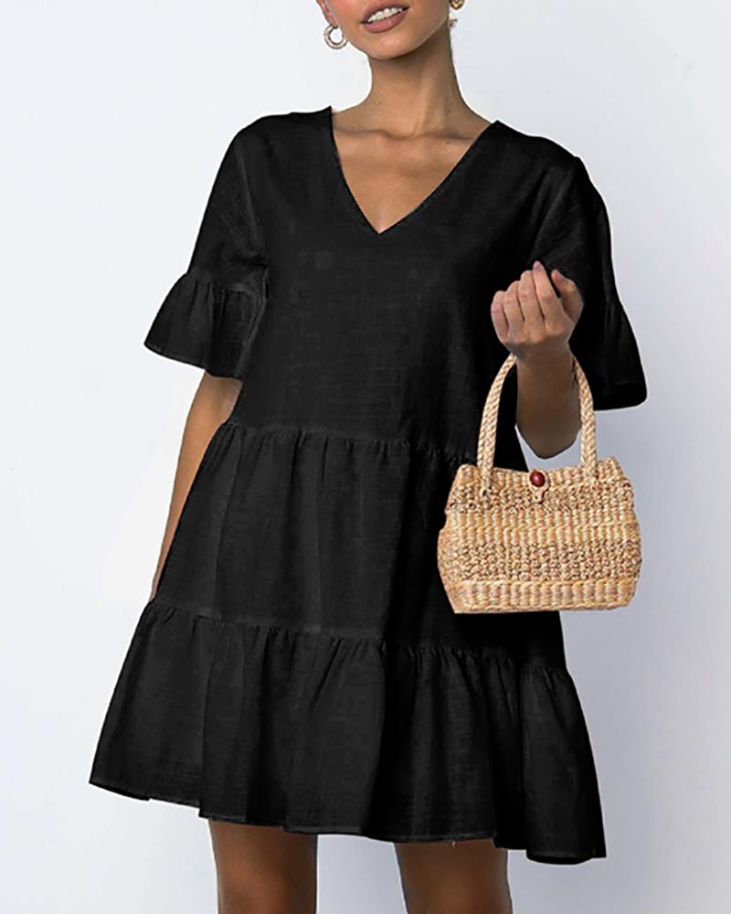 

Short Sleeve Ruffle Trim Skater Dress, Black