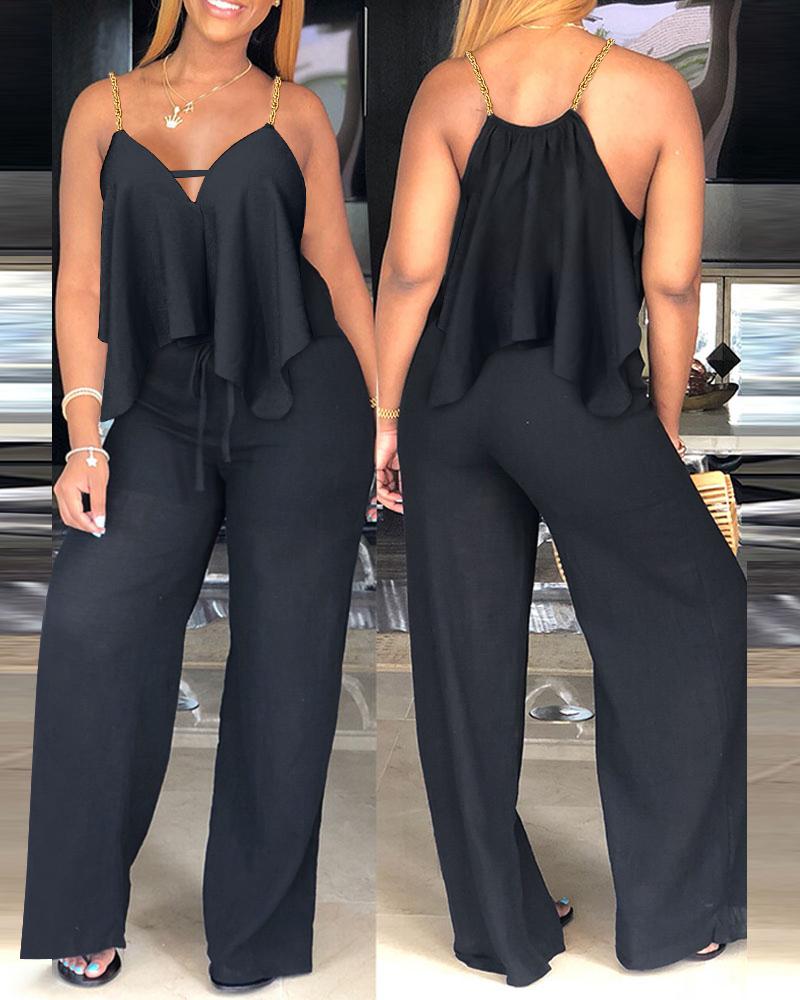 

Ruffle Hem Chain Strap Drawstring Jumpsuit, Black