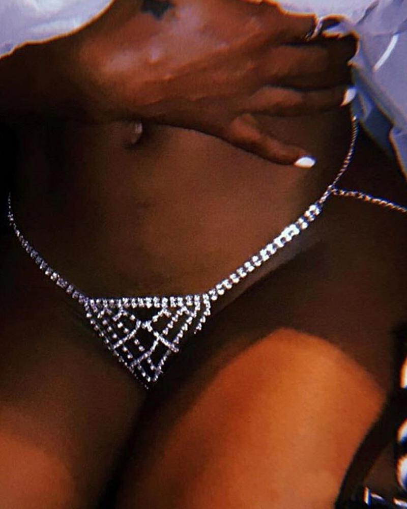 

1pc Rhinestone Hollow Out Thong Panty Body Chain, Silver