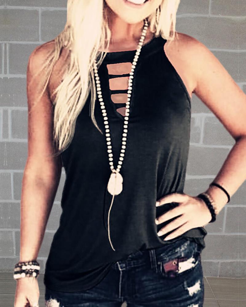 

Solid Round Neck Cut Out Sleeveless T-shirt, Black