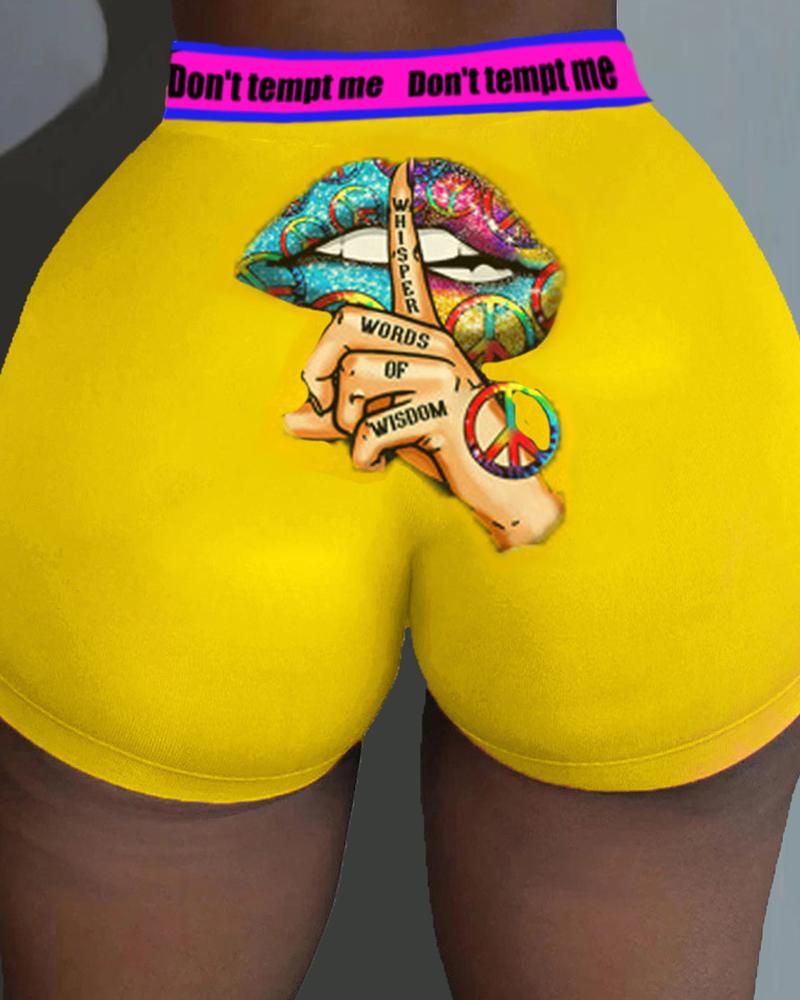 

Lip Slogan Print Letter Strap Shorts, Yellow