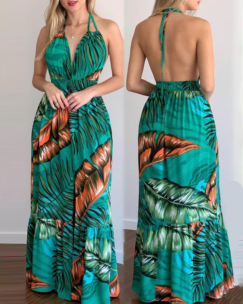 

Halter Tropical Print Ruched Maxi Dress, Blue