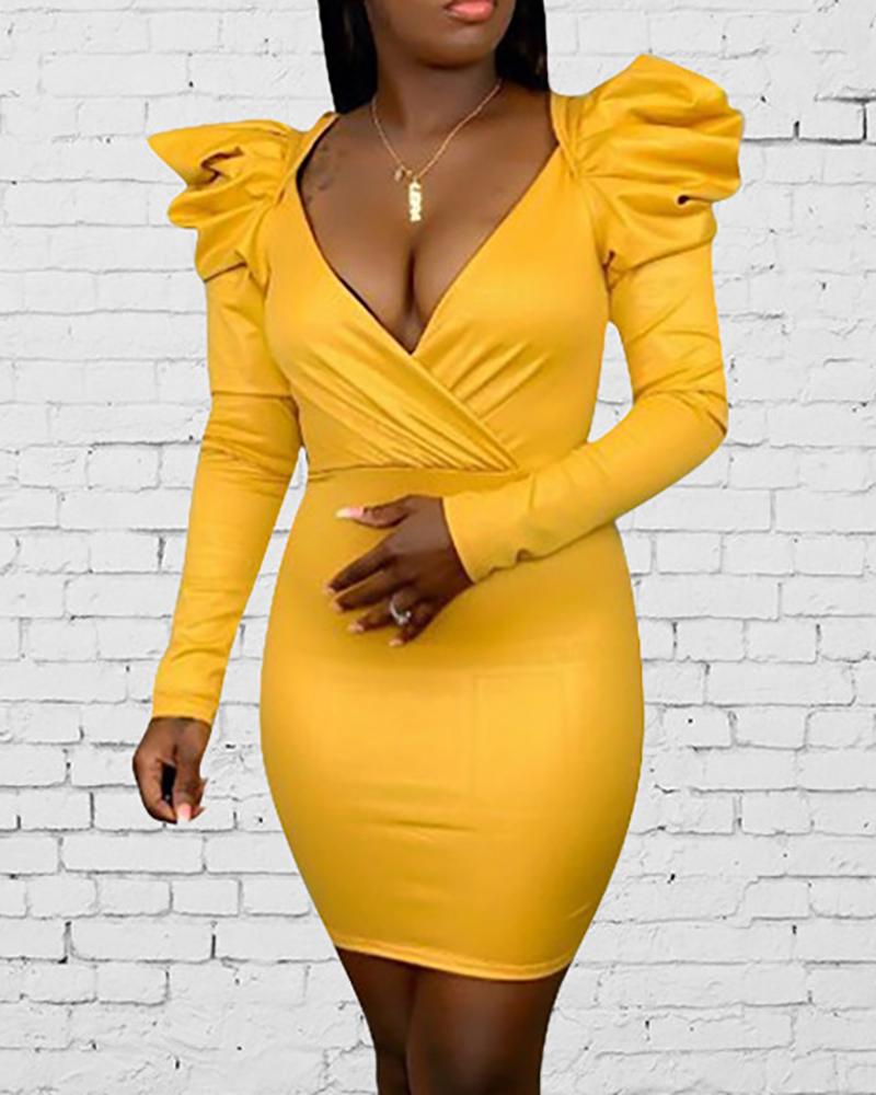 

Puffed Sleeve Ruched Bodycon Dress, Yellow