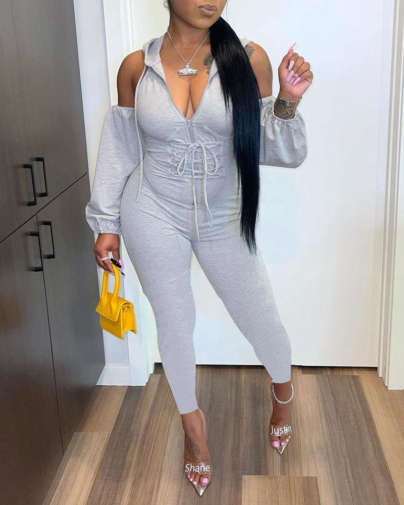 

Zipper Design Lace-up Lantern Sleeve Jumpsuit, Gray