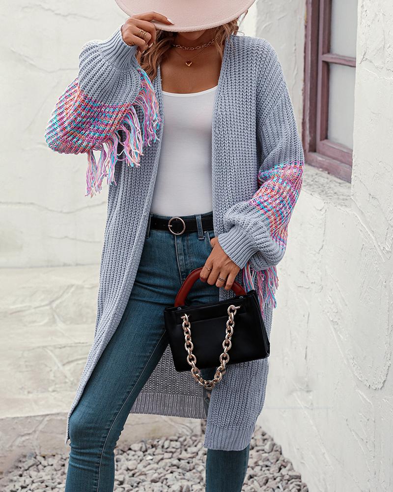

Striped Open Front Tassel Design Knit Cardigan, Gray