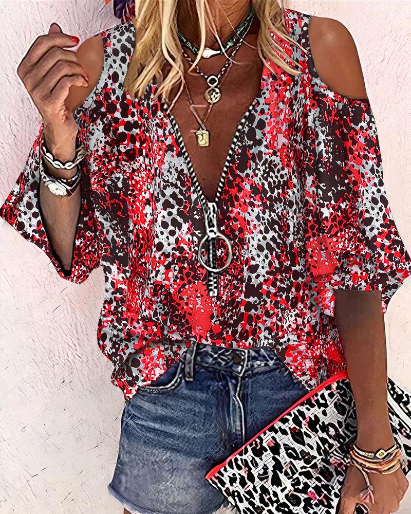 

Leopard Print Cold Shoulder Zip Front Chiffon Top, Red