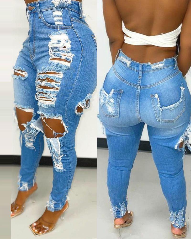 

High Waist Ripped Raw Hem Skinny Jeans, Blue