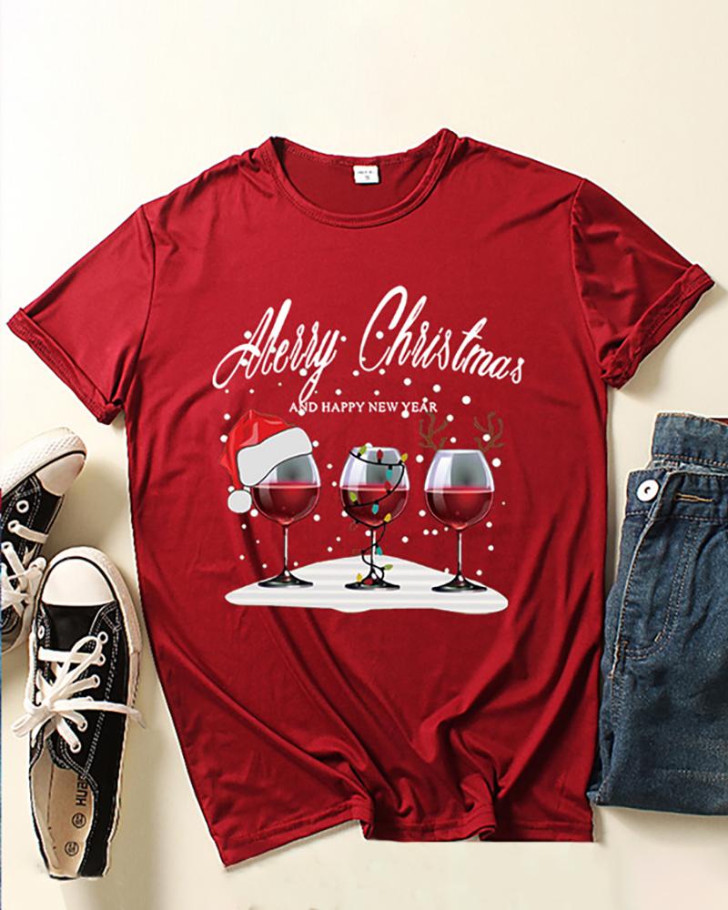 

Christmas Wine Glasses Letter Print Short Sleeve T-shirt, Wine red