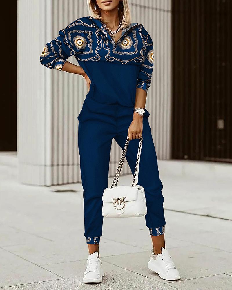 

Chain Baroque Print Long Sleeve Top & Pants Set, Blue
