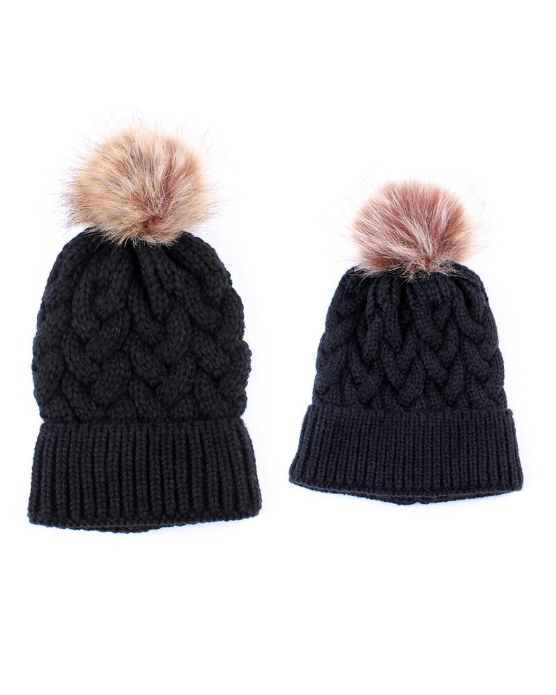 

Braided Pom Pom Cuffed Beanie, Black