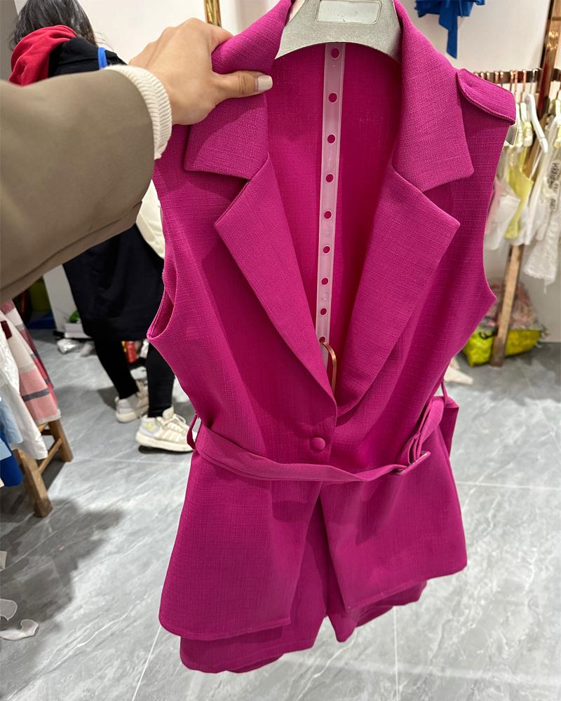 

Notched Collar Sleeveless Blazer Coat & Shorts Set, Hot pink