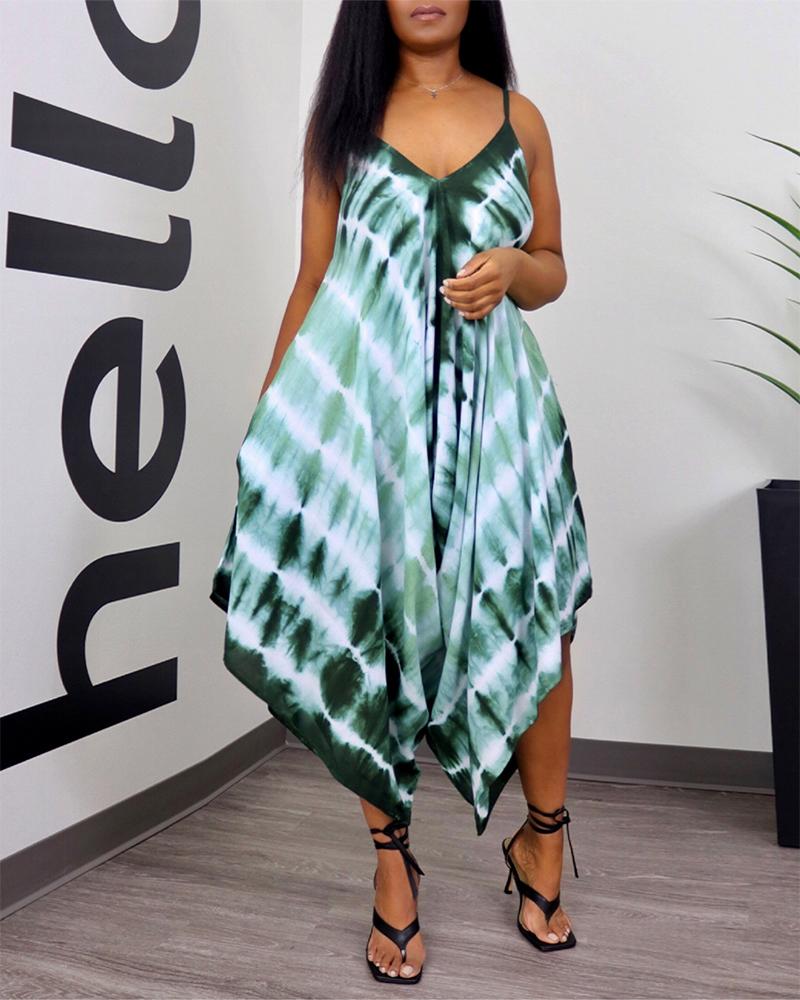 

Spaghetti Strap Tie Dye Print Wide Leg Jumpsuit, Green