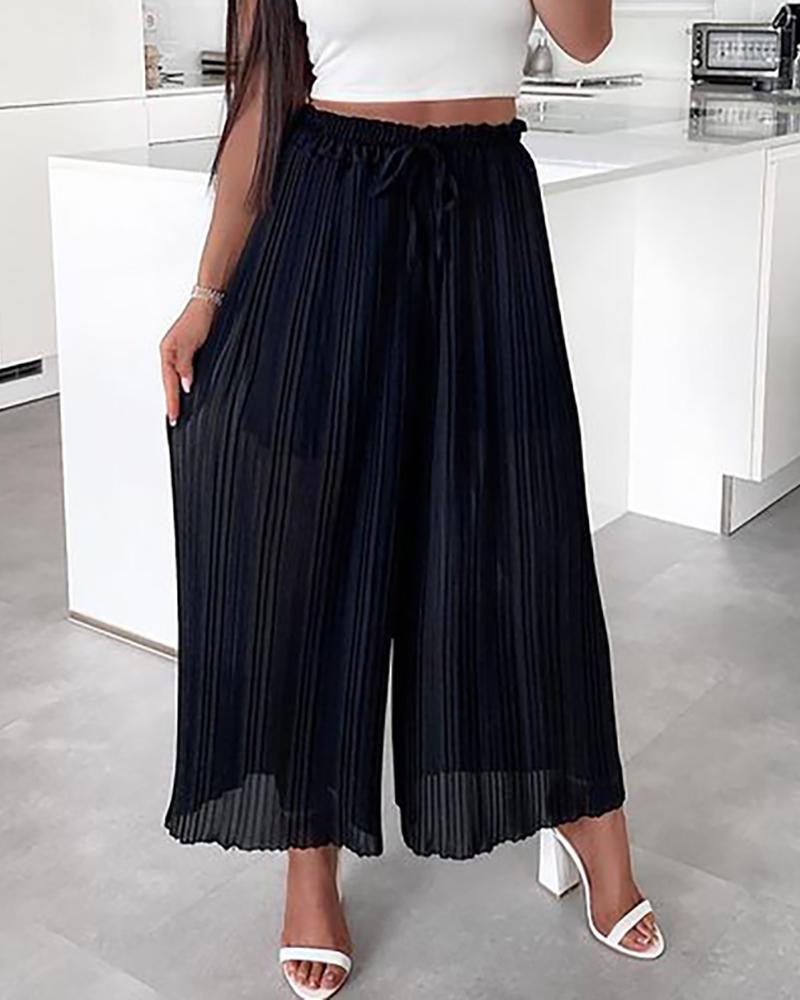 

Frill Hem Drawstring Pleated Wide Leg Pants, Black