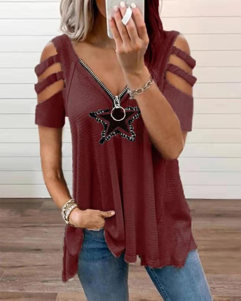 

Star Patch Short Sleeve Cut-out Loose T-shirts, Wine red