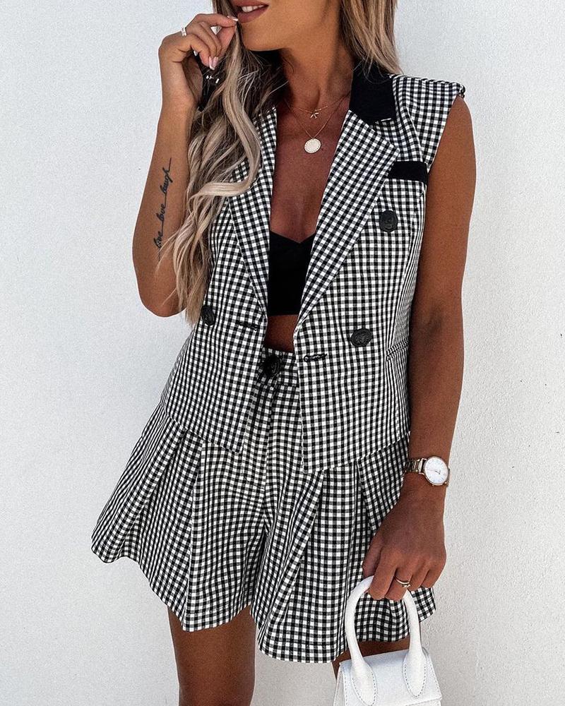 

Plaid Print Buttoned Blazer Top & Shorts Set, Black