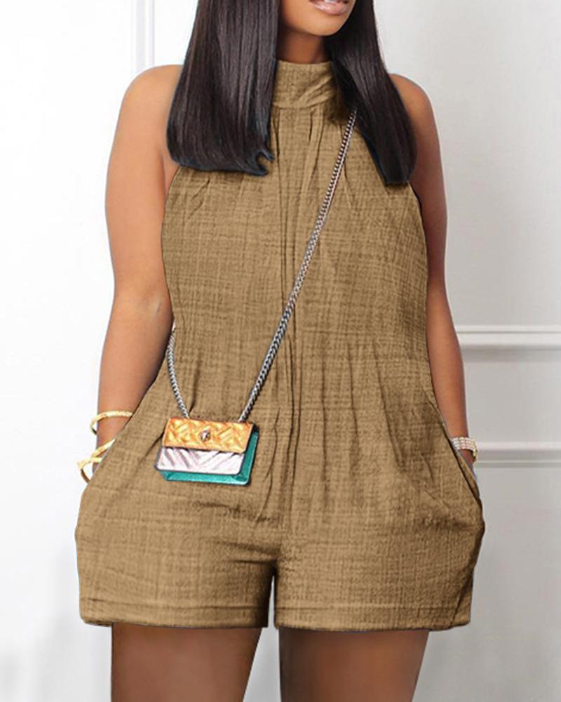 

Plus Size Mock Neck Pocket Design Romper, Brown