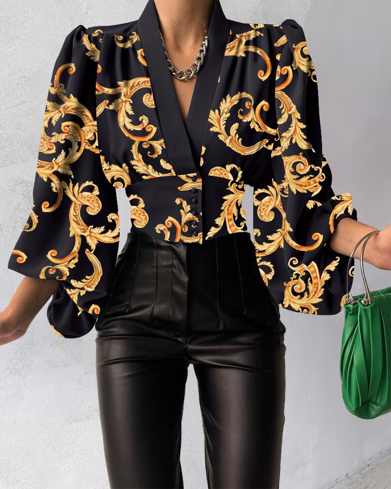 

Baroque Print Puff Lantern Sleeve Top, Black