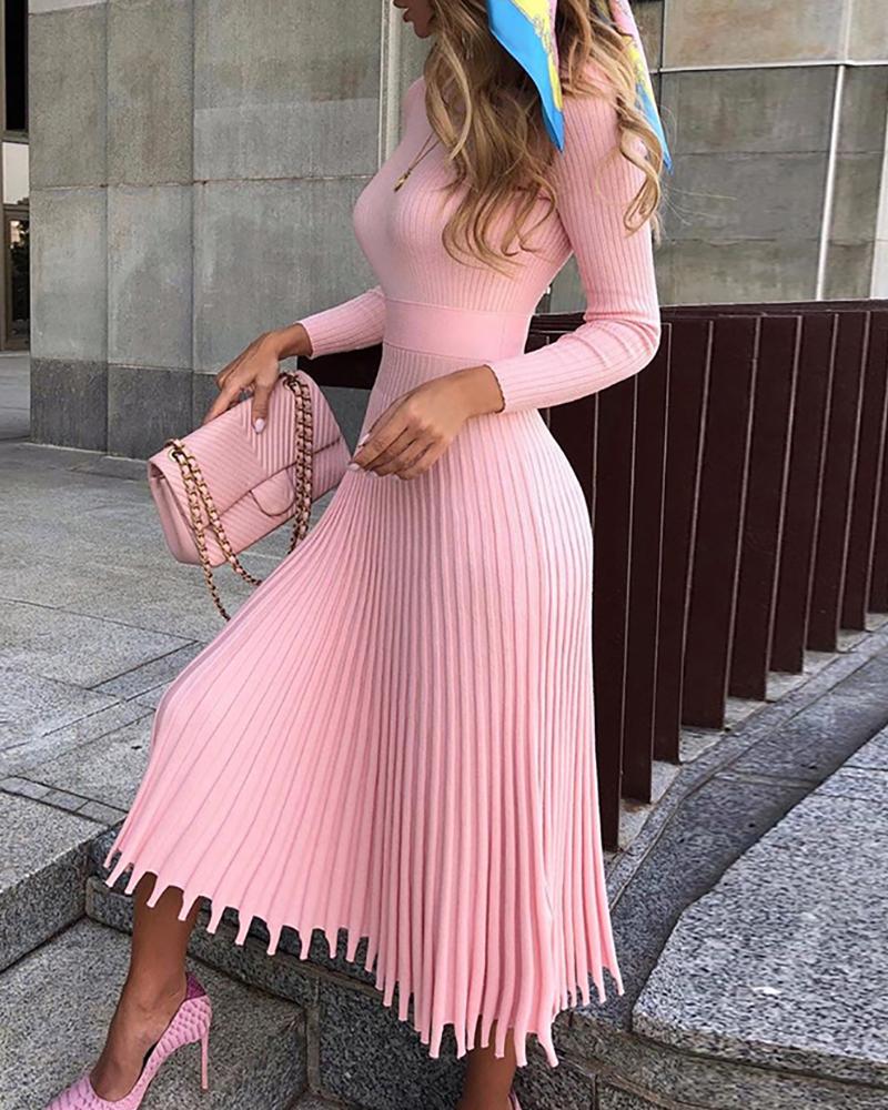 

Solid Long Sleeve Pleated Sweater Dress, Pink