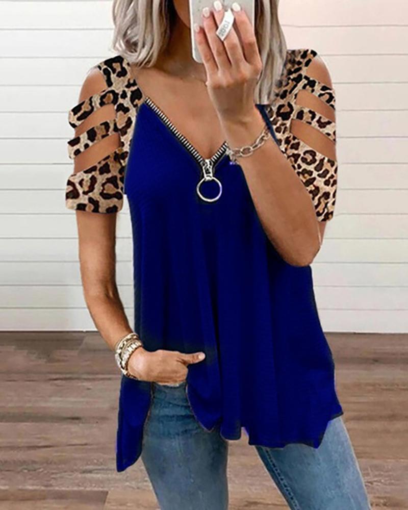 

Cheetah Print Ladder Cutout Zip Front T-shirt, Dark blue