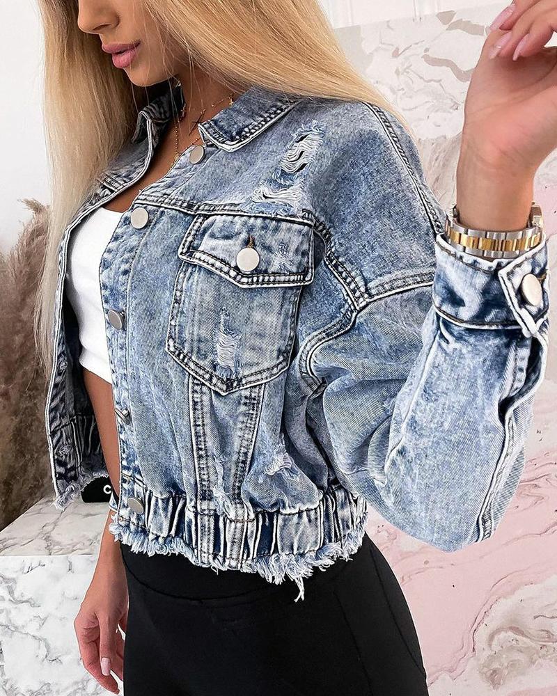 

Flap Pocket Button Front Ripped Raw Hem Denim Coat Casual Long Sleeve Top, Blue