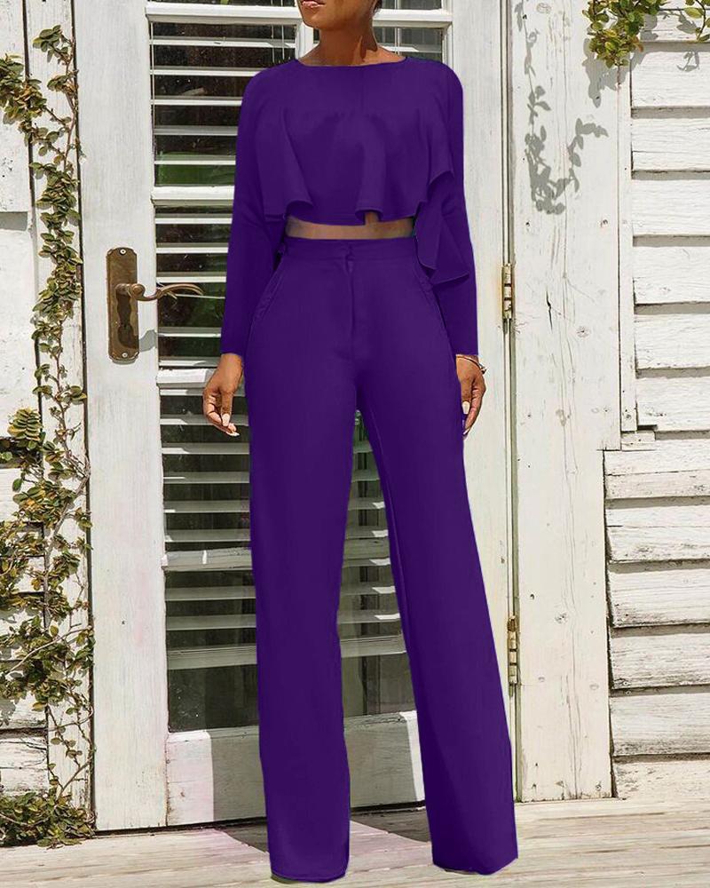 

Long Sleeve Ruffle Hem Crop Top & High Waist Pants Set, Purple