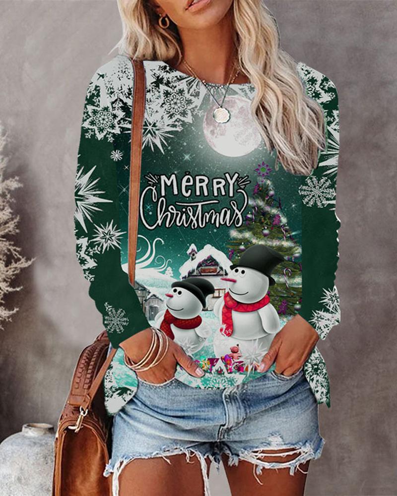

Christmas Snowflake Snowman Print Long Sleeve Top, Green