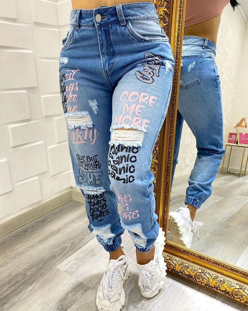 

Letter Print Cutout Ripped Cuffed Jeans, Blue