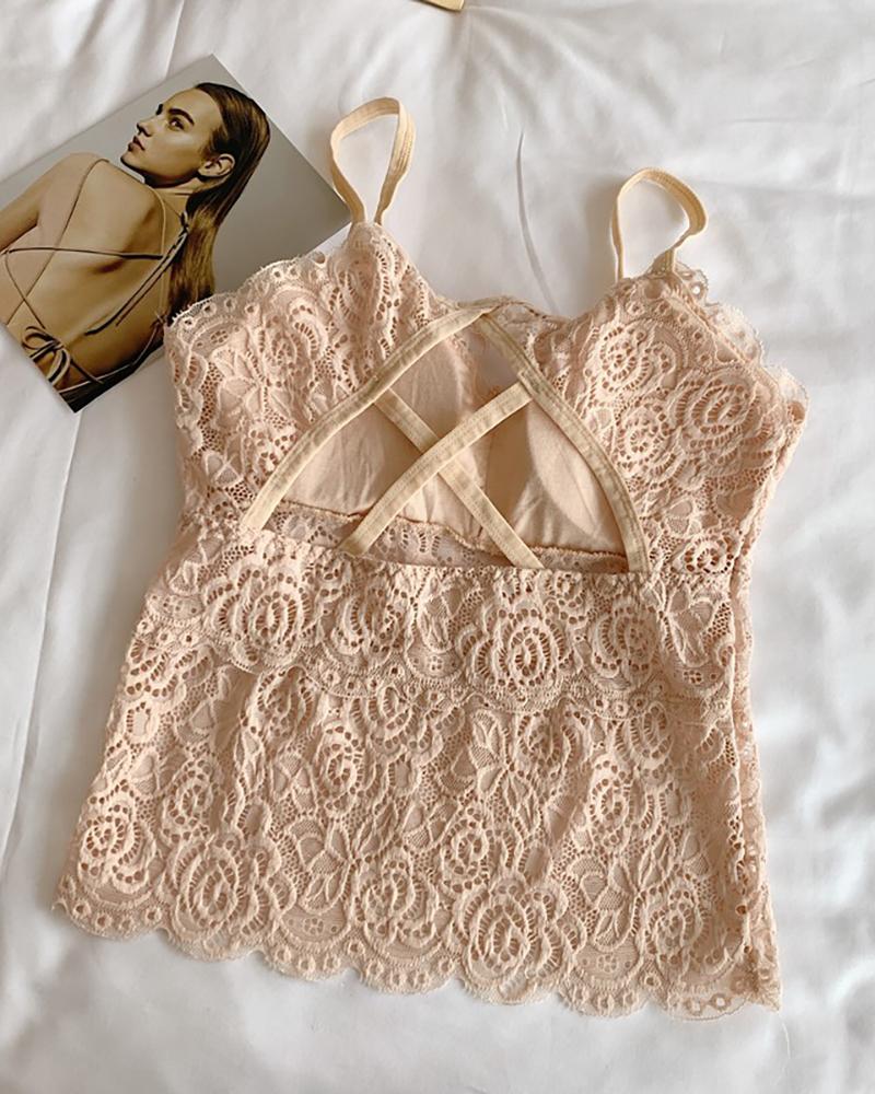 

Lace Solid Spaghetti Strap Top, Nude