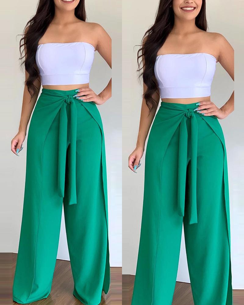 

Bandeau Tube Top & Tied Detail Pants Set, Green