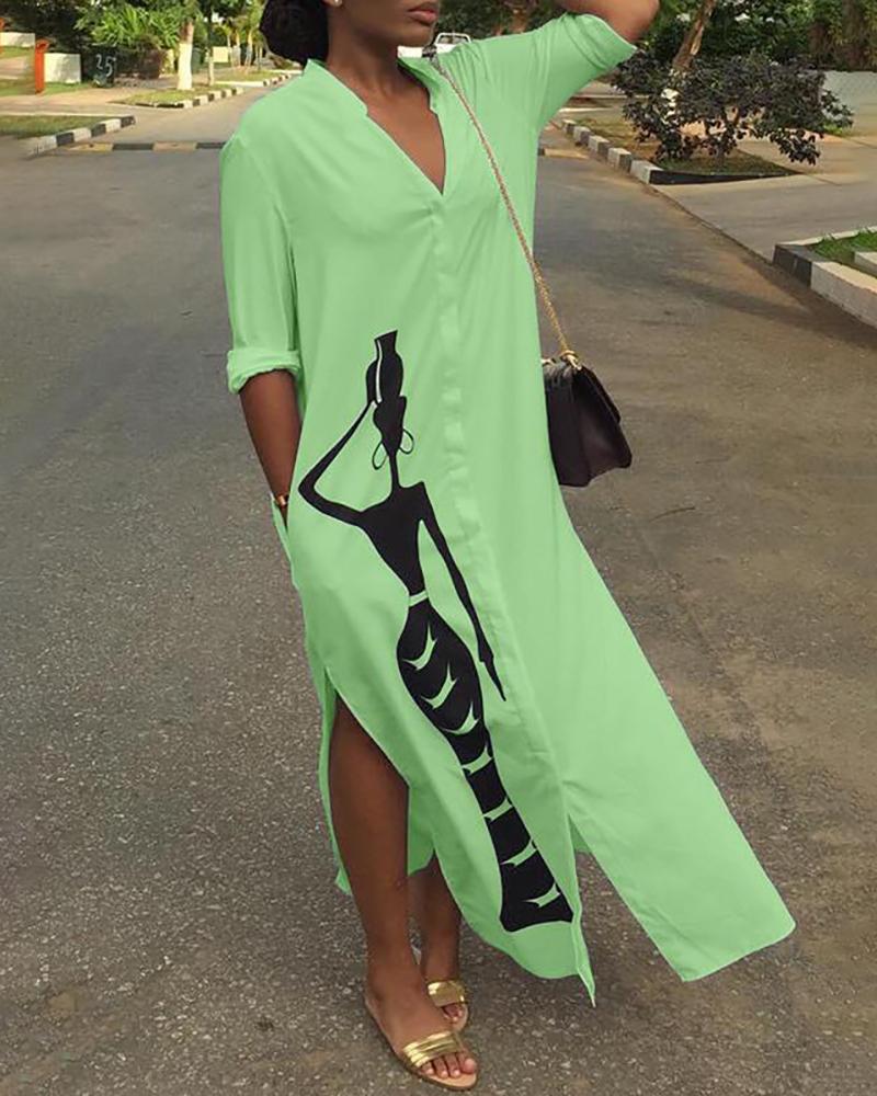

V-Neck Graphic Print Pocket Design Slit Maxi Dress, Green