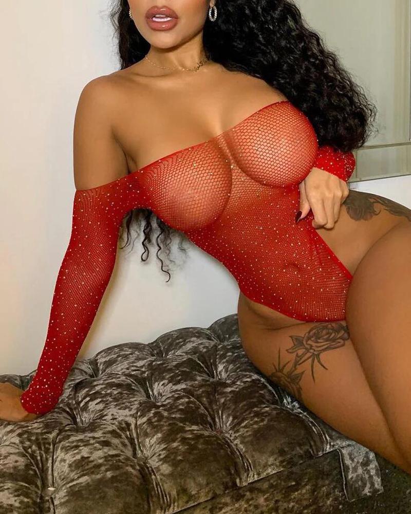 

Fishnet Rhinestone Detail Backless Teddy, Red