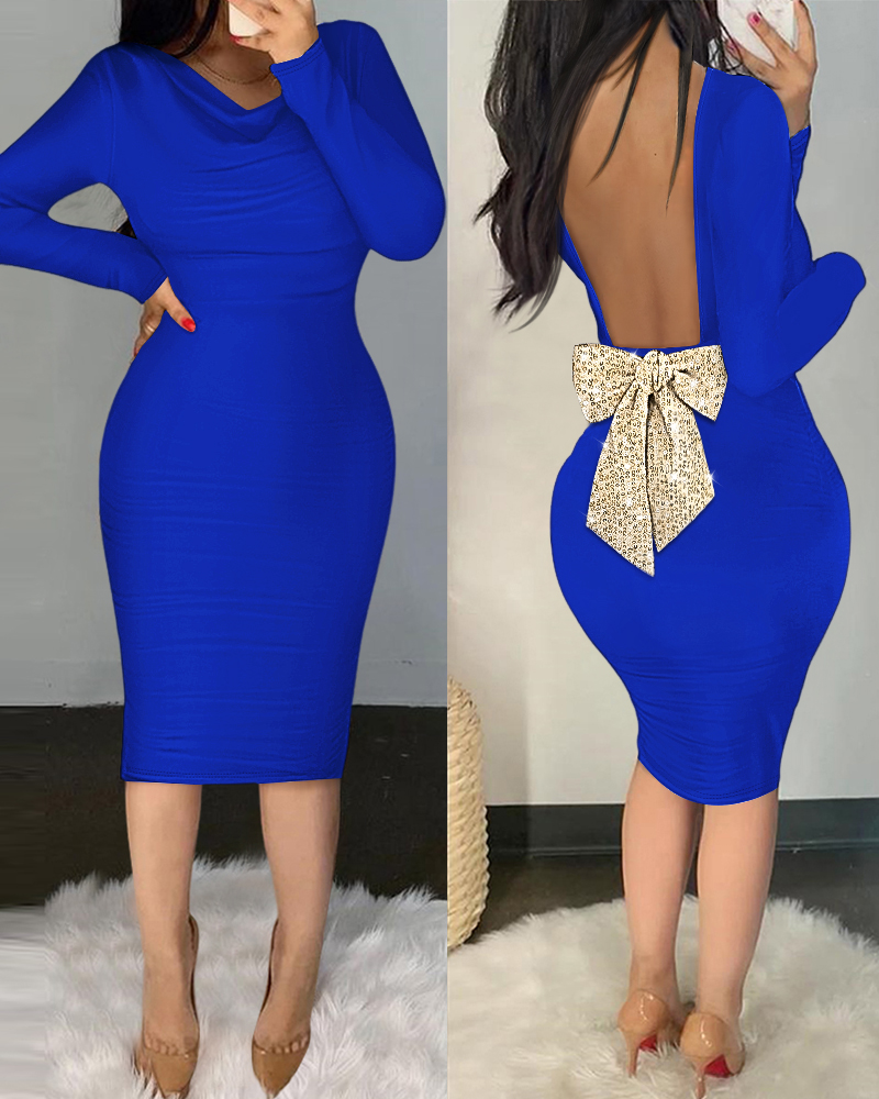 

Cowl Neck Long Sleeve Ruched Bodycon Dress Sparkly Sequin Bowknot Decor Backless Midi Dresses, Blue