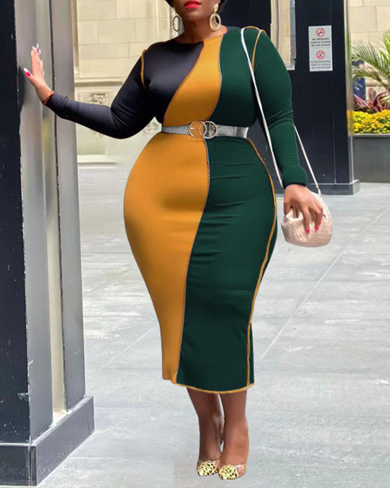 

Plus Size Colorblock Contrast Stitching Bodycon Dress, Yellow