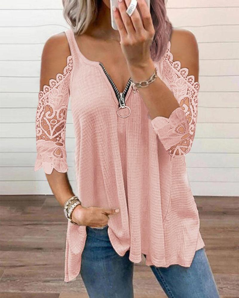 

Contrast Lace Cold Shoulder Zip Front Top, Pink