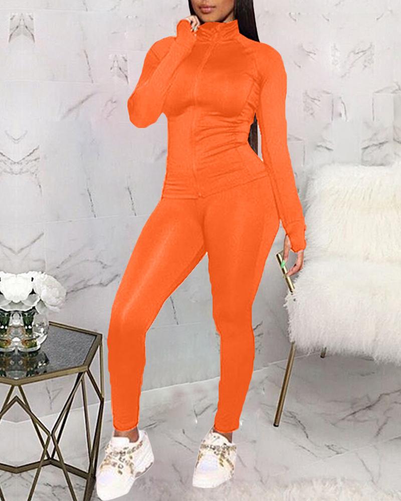 

Long Sleeve Zip Up Top & Pants Set, Orange