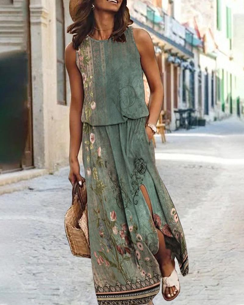 

Floral Tribal Print Sleeveless Slit Casual Dress, Green