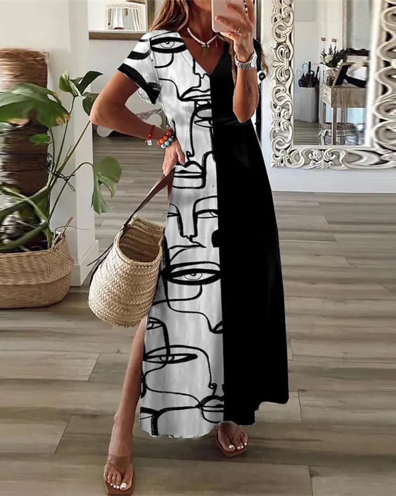 

Abstract Figure Print Colorblock Split Hem Maxi Dress, Blackwhite
