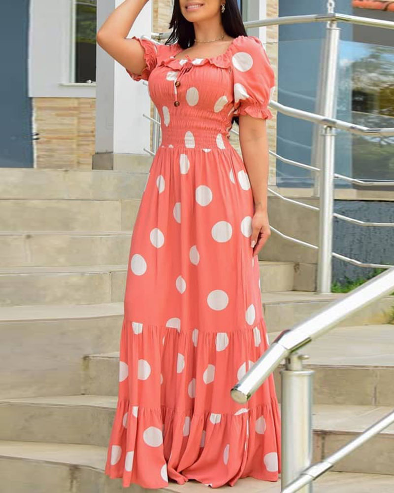 

Polkadot Print Puff Sleeve Shirred Ruffles Maxi Dress, Pink