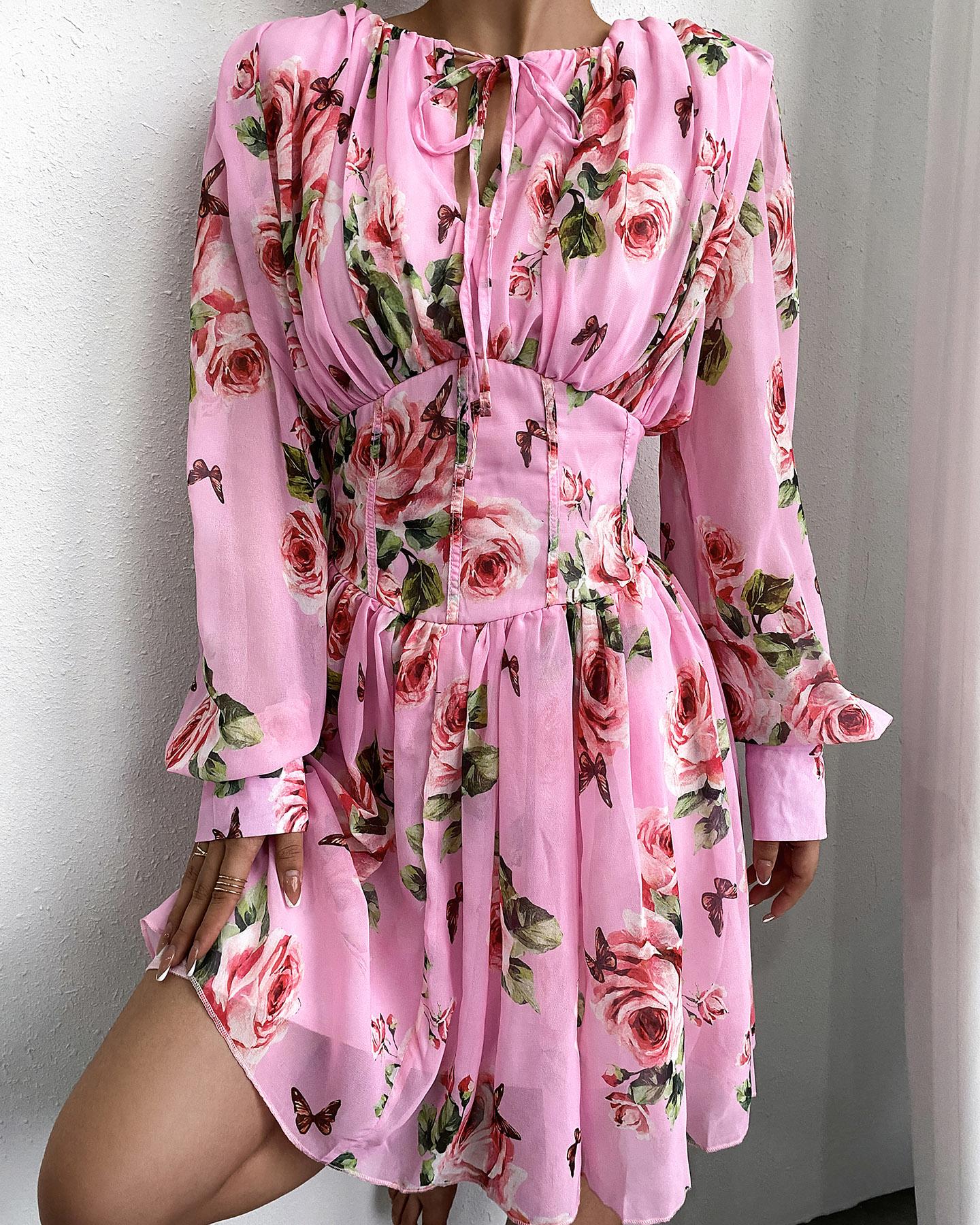 

Floral Print Tie Neck Fold Pleat Binding Detailing Fit Sheer Lantern Sleeve Dress, Pink