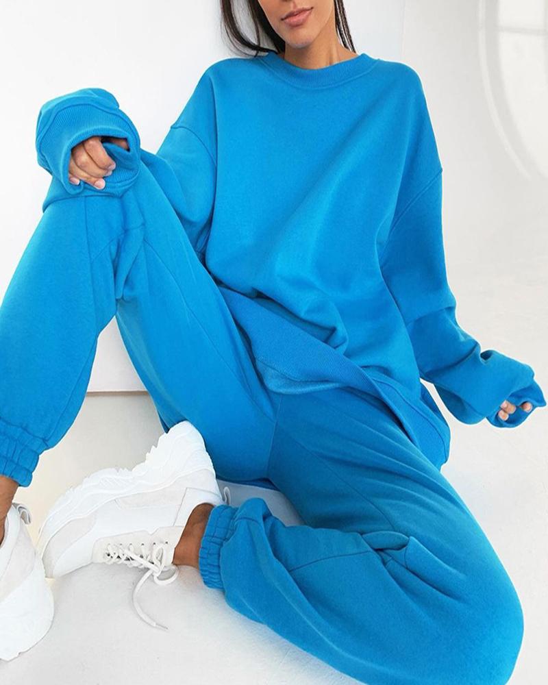 

Long Sleeve Casual Top & High Waist Pants Set, Blue