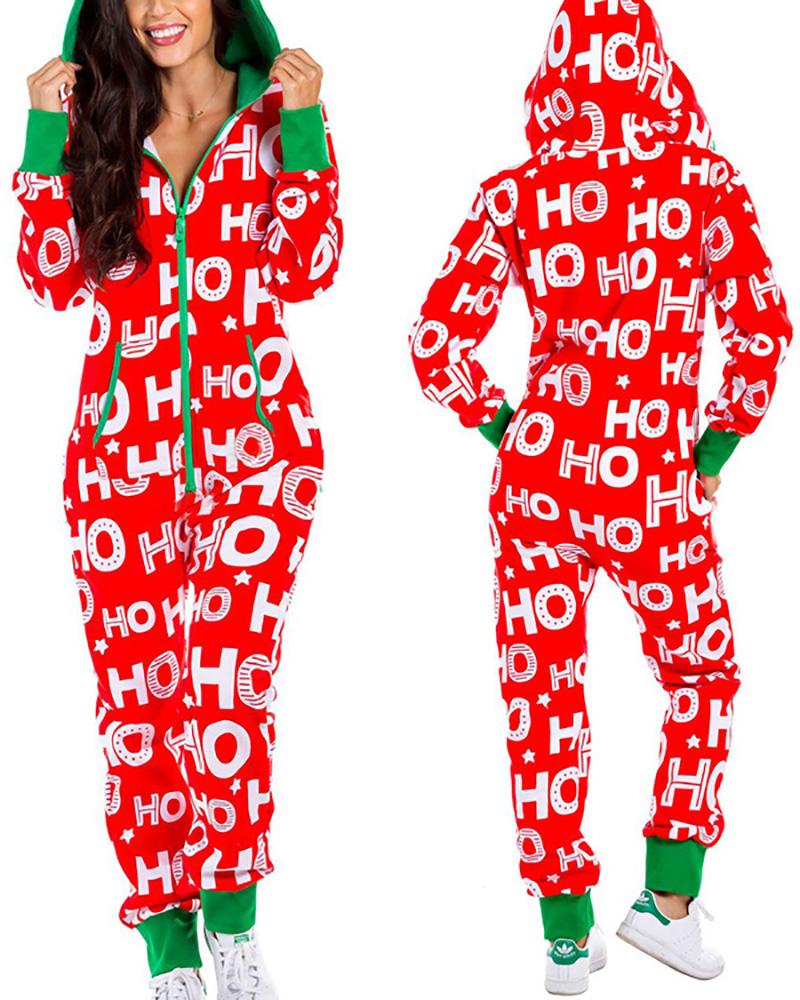 

Christmas Zipper Design Long Sleeve Hooded Lounge Jumpsuit, Green