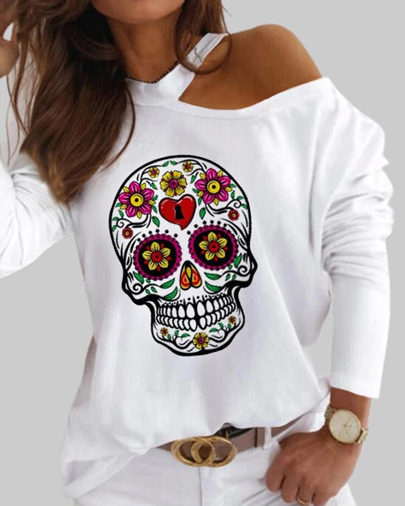 

Halloween Skull Print Cutout Long Sleeve Top, White
