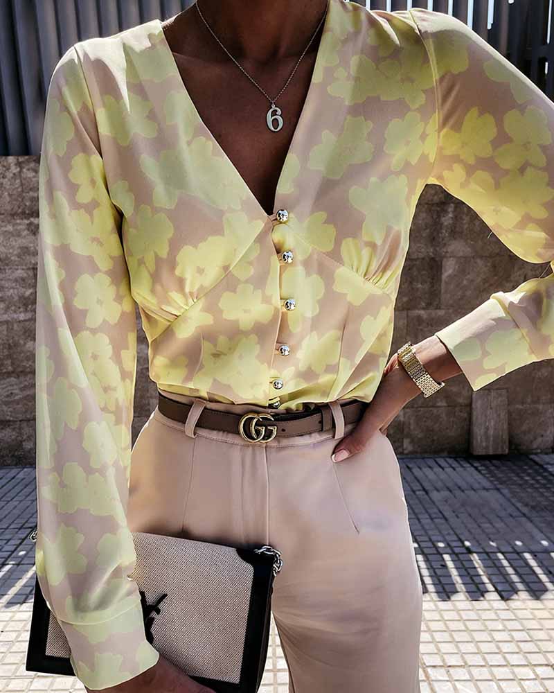 

Long Sleeve Floral Print Button Design Top, Yellow